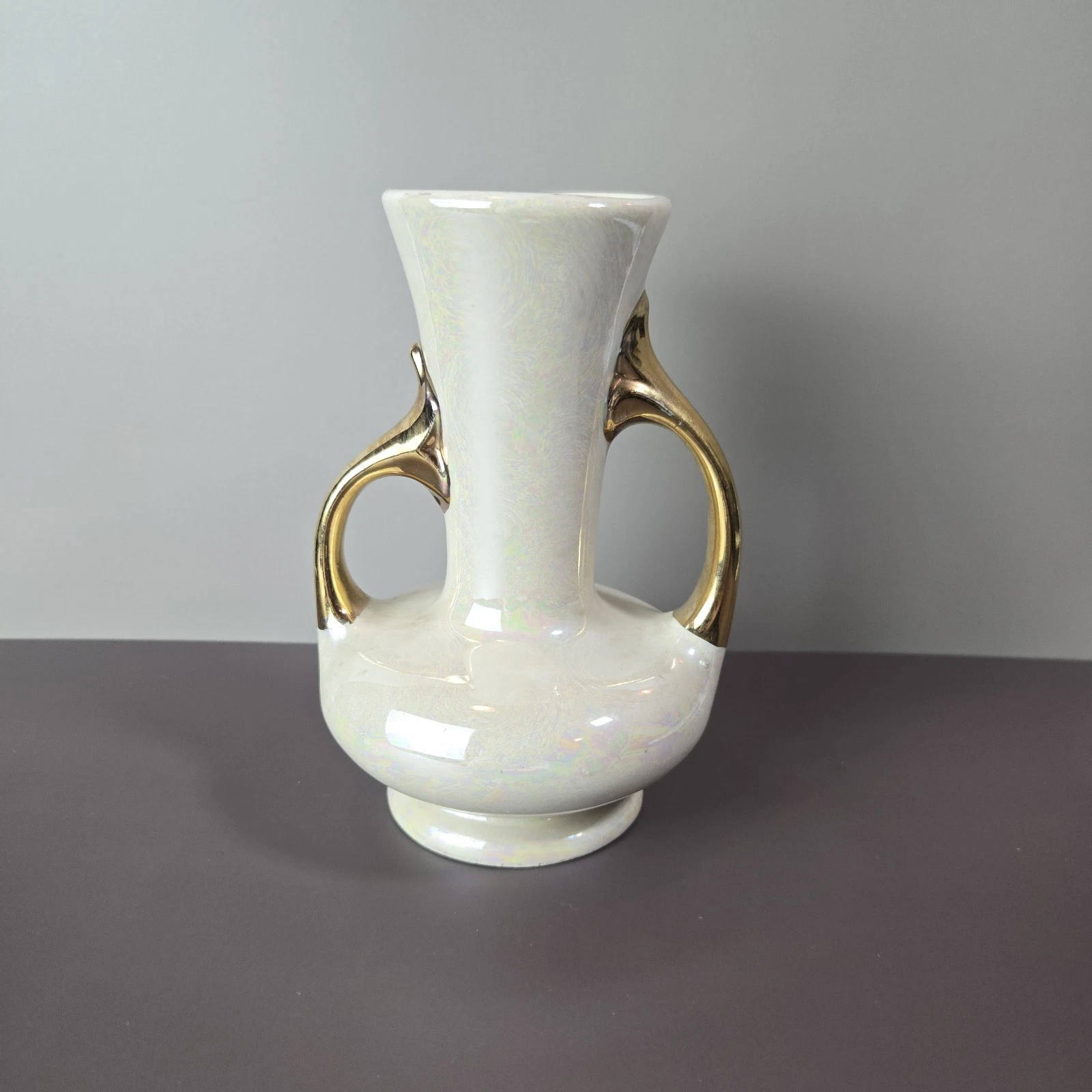 Vintage Decorative Vase with Iridescent Pearl Glaze and Gold Trim